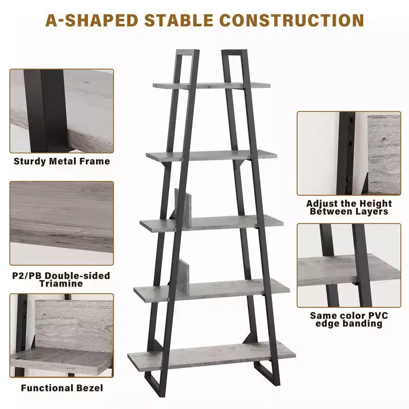 Whizmax Bookshelf 5 Tier Industrial Wood, Tall Open Rustic Etagere Bookcase Ladder, Standing Display Shelves for Home Living Room Bedroom Office