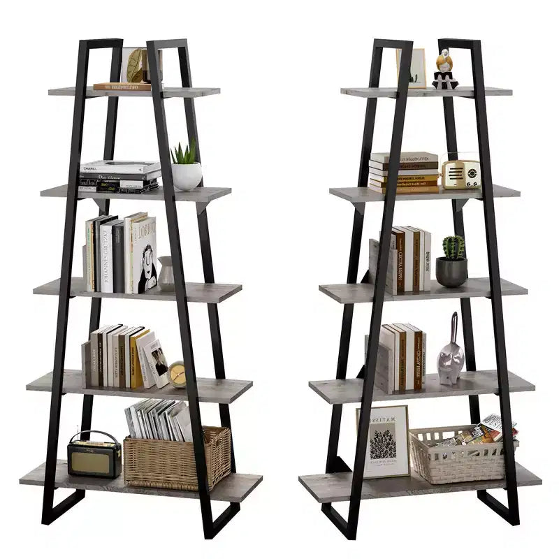 Whizmax Bookshelf 5 Tier Industrial Wood, Tall Open Rustic Etagere Bookcase Ladder, Standing Display Shelves for Home Living Room Bedroom Office
