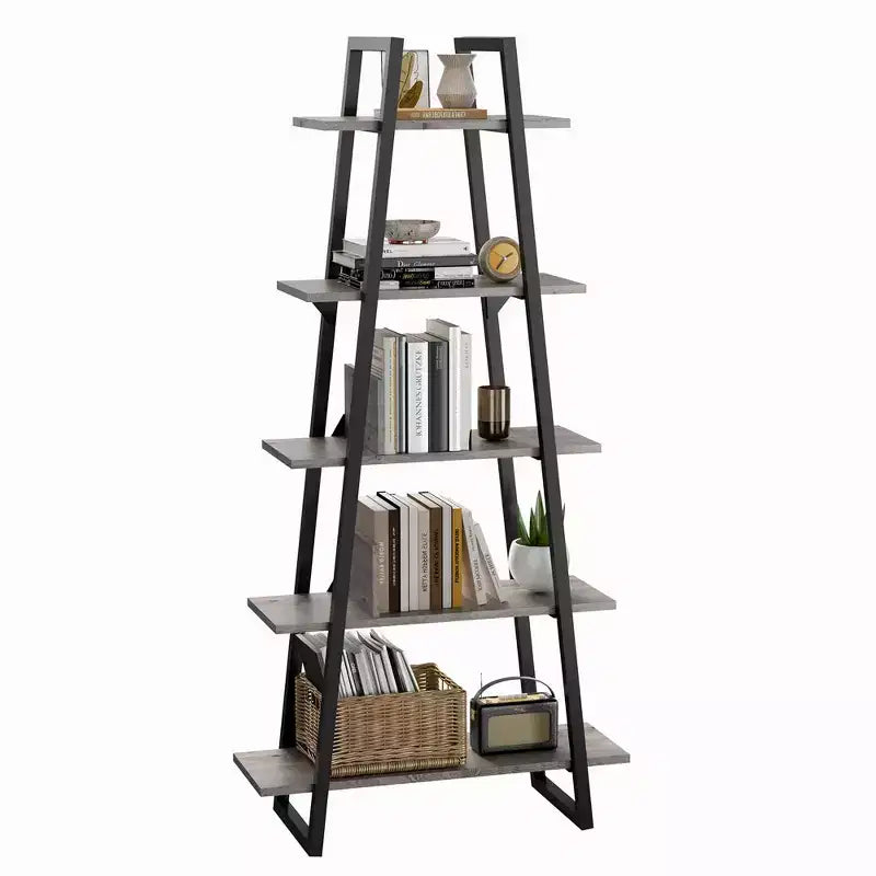 Whizmax Bookshelf 5 Tier Industrial Wood, Tall Open Rustic Etagere Bookcase Ladder, Standing Display Shelves for Home Living Room Bedroom Office
