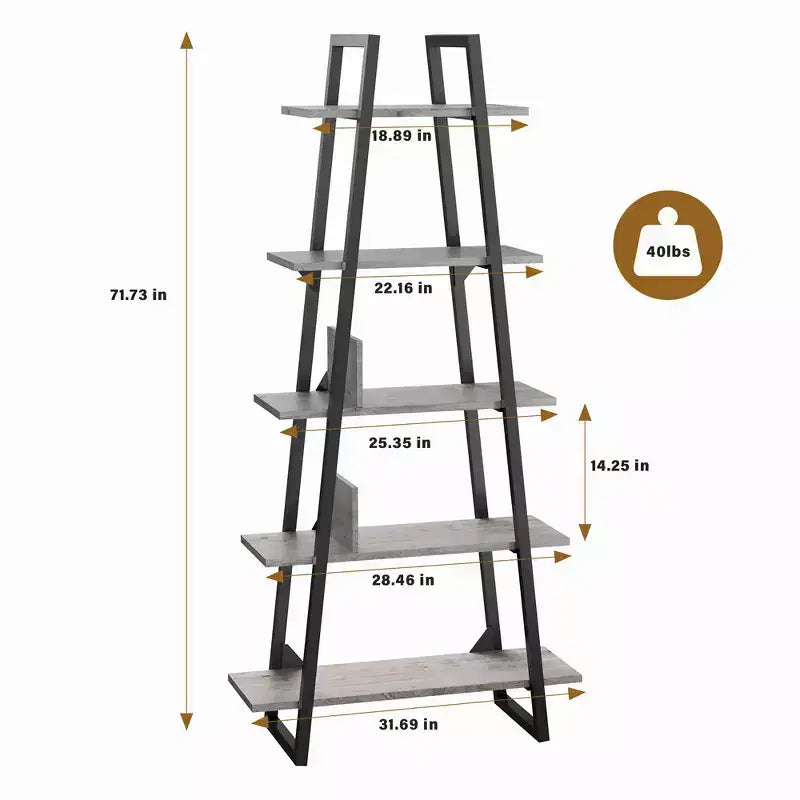 Whizmax Bookshelf 5 Tier Industrial Wood, Tall Open Rustic Etagere Bookcase Ladder, Standing Display Shelves for Home Living Room Bedroom Office