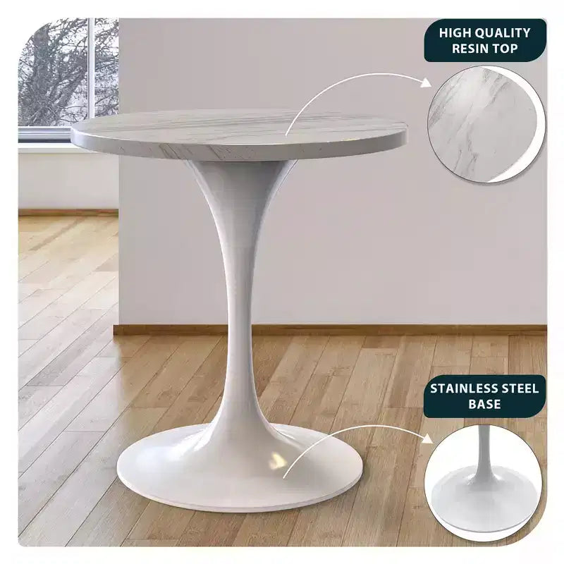 LeisureMod Verve 27 Round Dining Table - Modern Resin Top with White Steel Pedestal Base Accent Side Table for Kitchen and Home