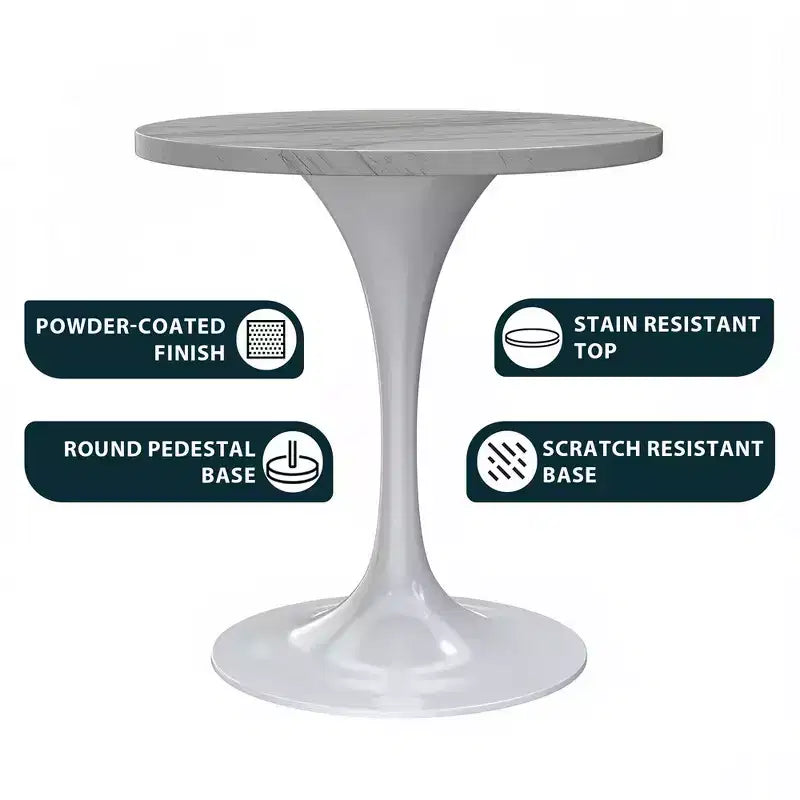 LeisureMod Verve 27 Round Dining Table - Modern Resin Top with White Steel Pedestal Base Accent Side Table for Kitchen and Home