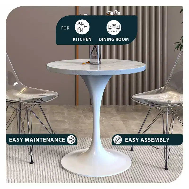 LeisureMod Verve 27 Round Dining Table - Modern Resin Top with White Steel Pedestal Base Accent Side Table for Kitchen and Home
