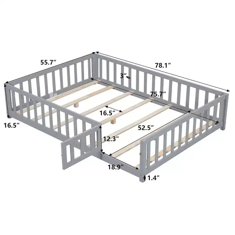 Toddler Floor Bed,Full Size Floor Bed with Safety Fence Guardrails and Slats, Wooden Floor Bed Frame with Door, No Box Spring Needed