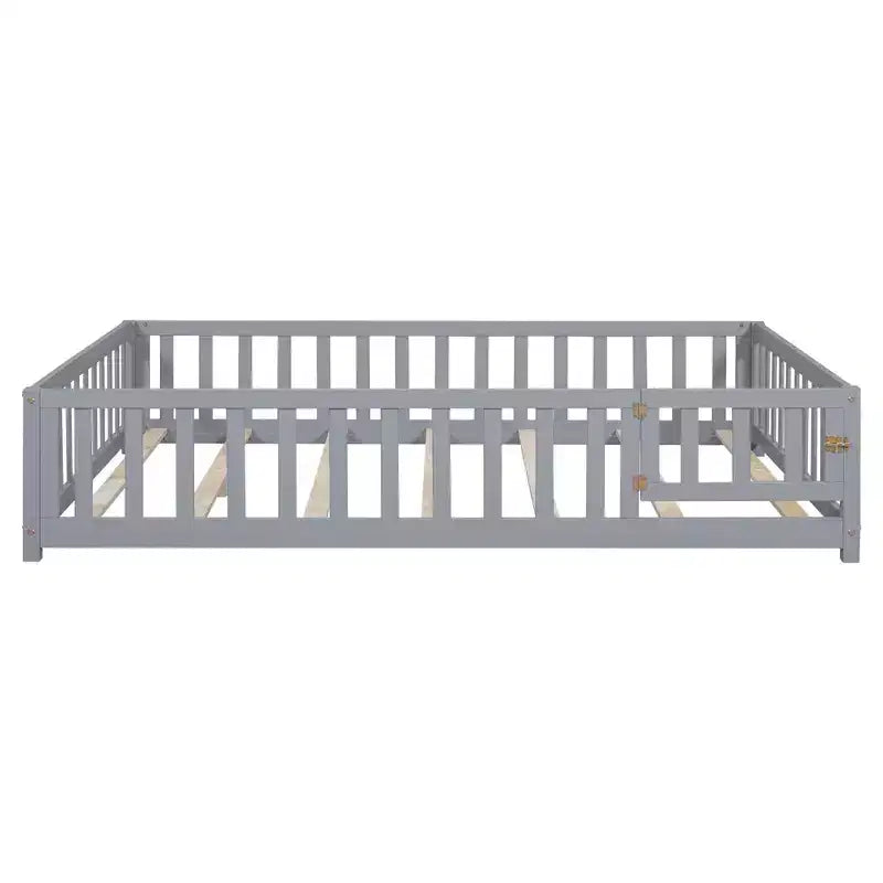 Toddler Floor Bed,Full Size Floor Bed with Safety Fence Guardrails and Slats, Wooden Floor Bed Frame with Door, No Box Spring Needed