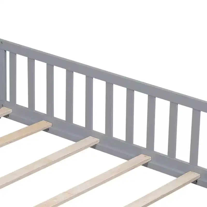 Toddler Floor Bed,Full Size Floor Bed with Safety Fence Guardrails and Slats, Wooden Floor Bed Frame with Door, No Box Spring Needed