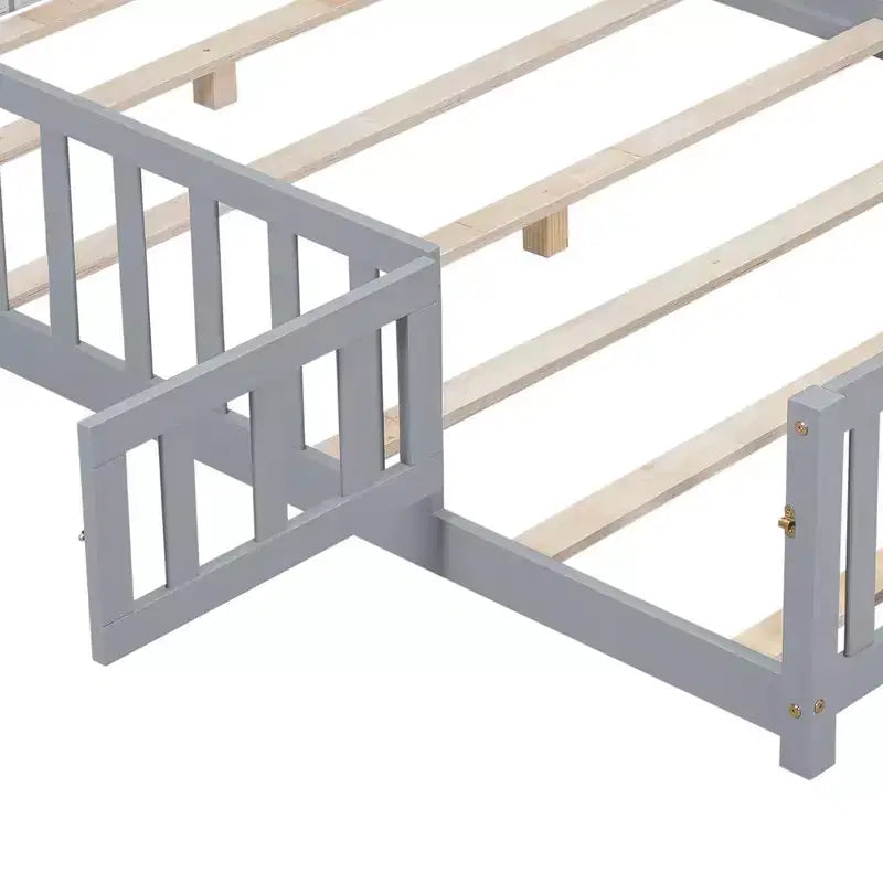 Toddler Floor Bed,Full Size Floor Bed with Safety Fence Guardrails and Slats, Wooden Floor Bed Frame with Door, No Box Spring Needed