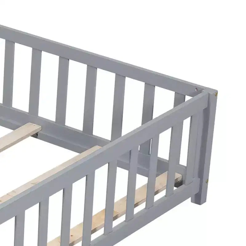 Toddler Floor Bed,Full Size Floor Bed with Safety Fence Guardrails and Slats, Wooden Floor Bed Frame with Door, No Box Spring Needed