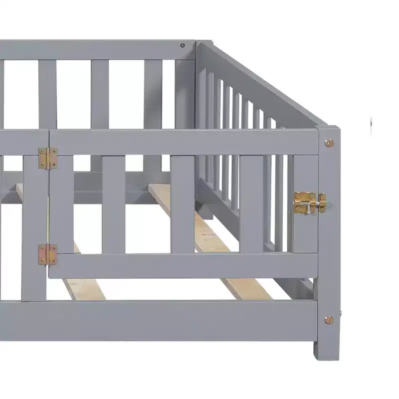 Toddler Floor Bed,Full Size Floor Bed with Safety Fence Guardrails and Slats, Wooden Floor Bed Frame with Door, No Box Spring Needed