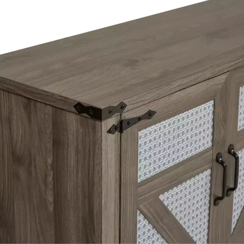 34.05H Rustic Faux Rattan Sideboard, Storage Cabinet with Four Doors and Adjustable Shelves, 4Q -ModernLuxe