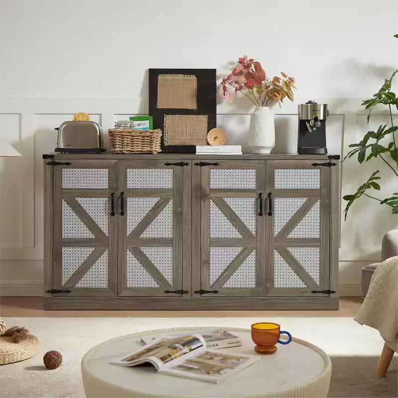 34.05H Rustic Faux Rattan Sideboard, Storage Cabinet with Four Doors and Adjustable Shelves, 4Q -ModernLuxe
