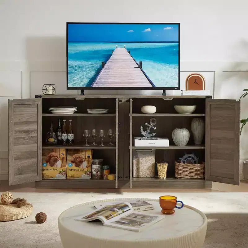 34.05H Rustic Faux Rattan Sideboard, Storage Cabinet with Four Doors and Adjustable Shelves, 4Q -ModernLuxe