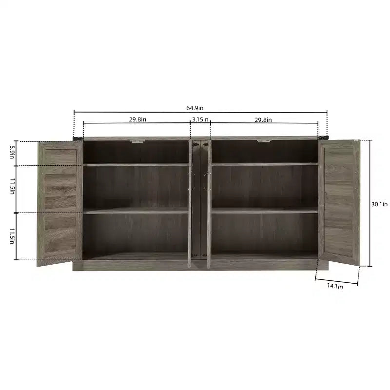 34.05H Rustic Faux Rattan Sideboard, Storage Cabinet with Four Doors and Adjustable Shelves, 4Q -ModernLuxe