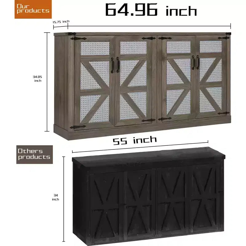 34.05H Rustic Faux Rattan Sideboard, Storage Cabinet with Four Doors and Adjustable Shelves, 4Q -ModernLuxe