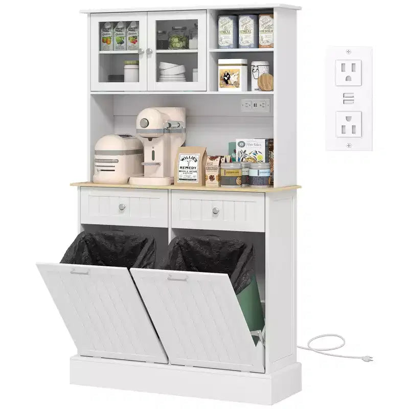 HOMCOM 68 Kitchen Pantry Cabinet with Charging Station, 2 Tilt Out Trash Cabinets and Microwave Stand, Modern Storage Cabinet