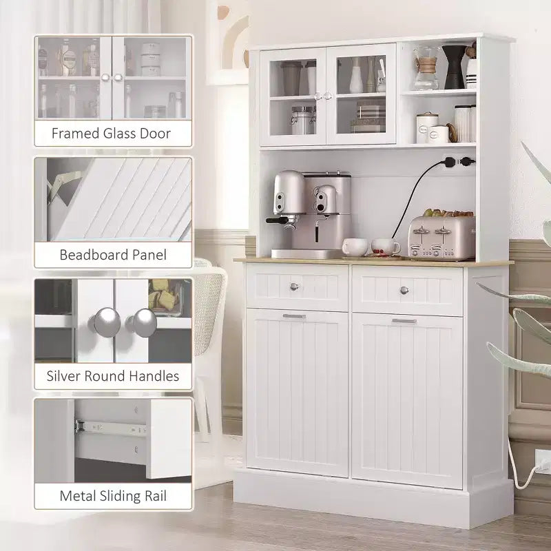 HOMCOM 68 Kitchen Pantry Cabinet with Charging Station, 2 Tilt Out Trash Cabinets and Microwave Stand, Modern Storage Cabinet