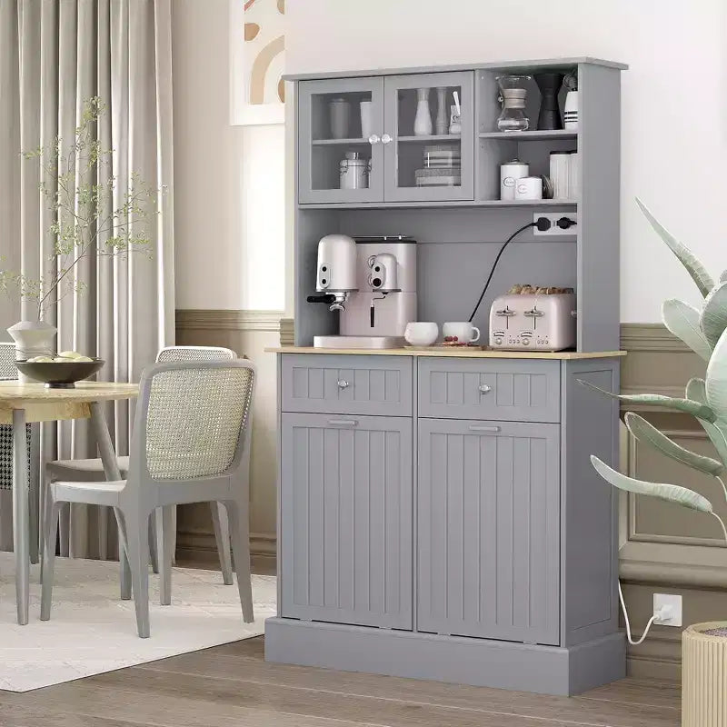 HOMCOM 68 Kitchen Pantry Cabinet with Charging Station, 2 Tilt Out Trash Cabinets and Microwave Stand, Modern Storage Cabinet