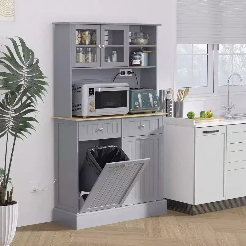 HOMCOM 68 Kitchen Pantry Cabinet with Charging Station, 2 Tilt Out Trash Cabinets and Microwave Stand, Modern Storage Cabinet
