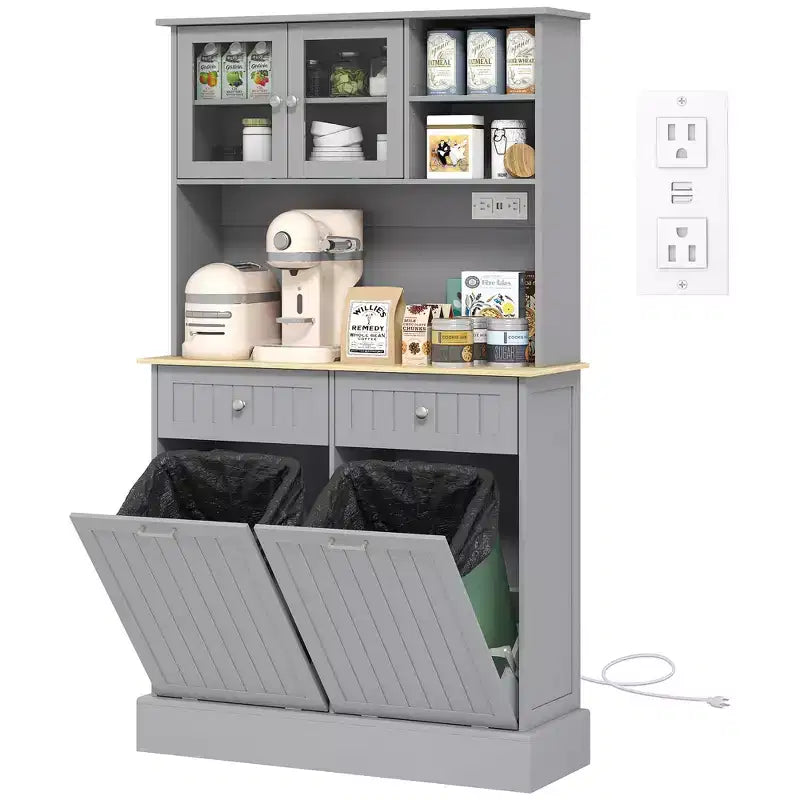 HOMCOM 68 Kitchen Pantry Cabinet with Charging Station, 2 Tilt Out Trash Cabinets and Microwave Stand, Modern Storage Cabinet