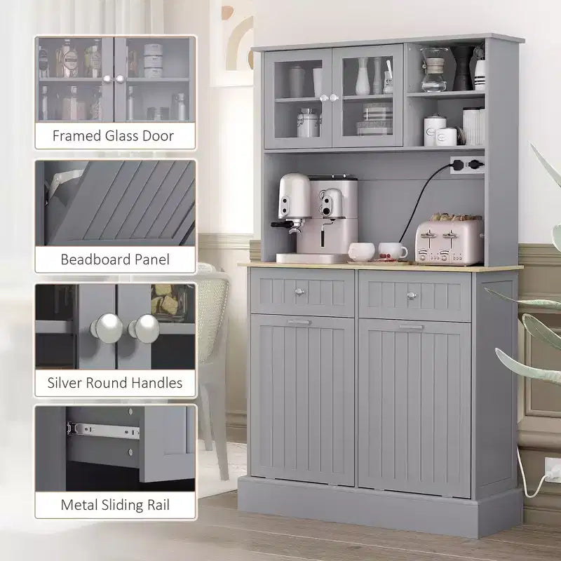 HOMCOM 68 Kitchen Pantry Cabinet with Charging Station, 2 Tilt Out Trash Cabinets and Microwave Stand, Modern Storage Cabinet