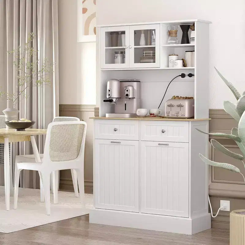 HOMCOM 68 Kitchen Pantry Cabinet with Charging Station, 2 Tilt Out Trash Cabinets and Microwave Stand, Modern Storage Cabinet
