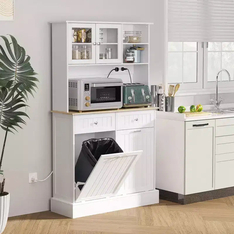 HOMCOM 68 Kitchen Pantry Cabinet with Charging Station, 2 Tilt Out Trash Cabinets and Microwave Stand, Modern Storage Cabinet