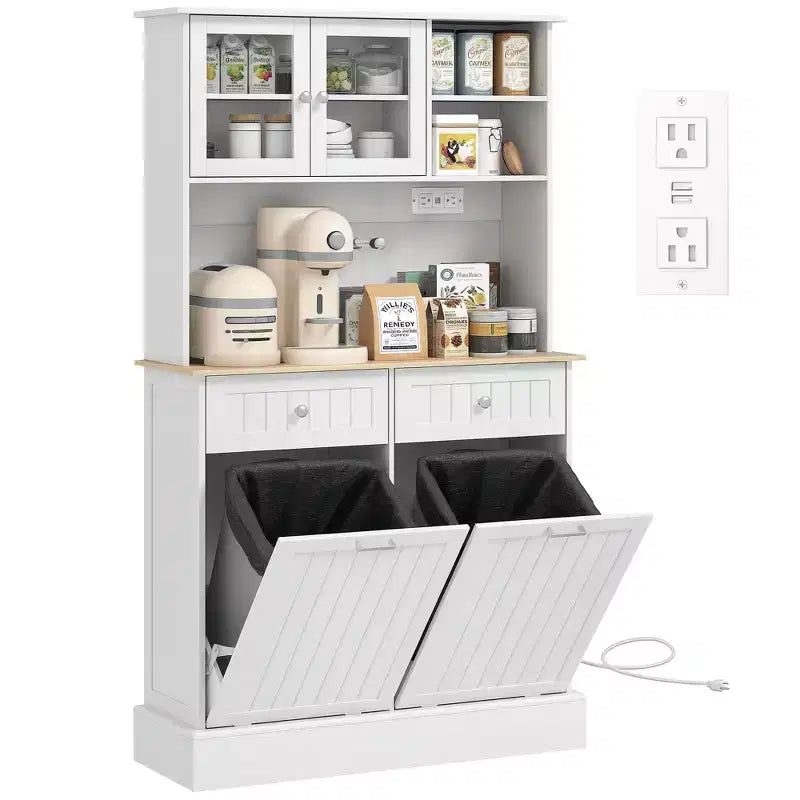HOMCOM 68 Kitchen Pantry Cabinet with Charging Station, 2 Tilt Out Trash Cabinets and Microwave Stand, Modern Storage Cabinet