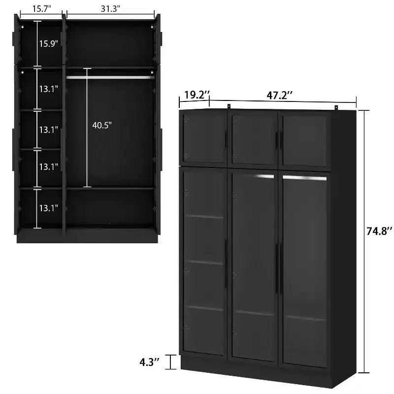 Famapy Armoire With LED Light and Glass Doors Wardrobe Cabinet