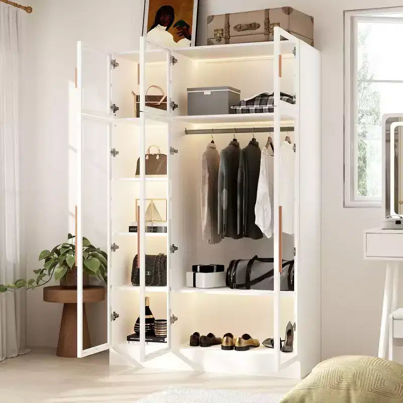 Famapy Armoire With LED Light and Glass Doors Wardrobe Cabinet
