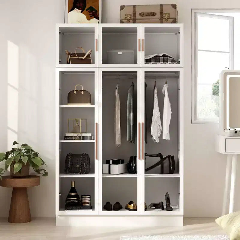 Famapy Armoire With LED Light and Glass Doors Wardrobe Cabinet