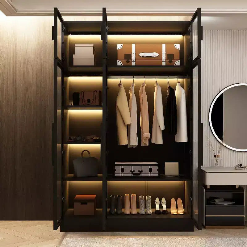 Famapy Armoire With LED Light and Glass Doors Wardrobe Cabinet