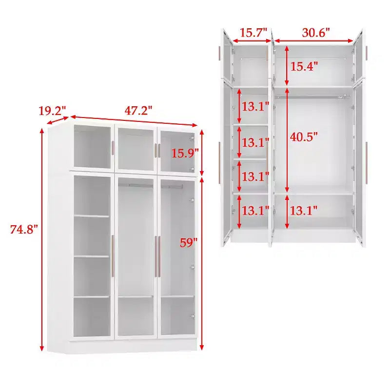 Famapy Armoire With LED Light and Glass Doors Wardrobe Cabinet