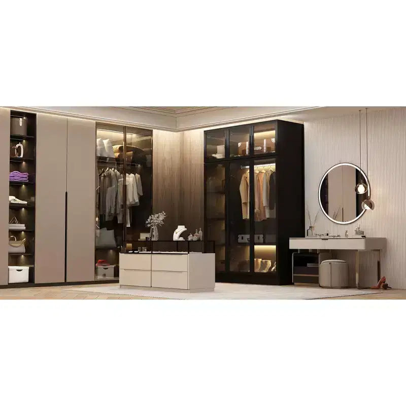 Famapy Armoire With LED Light and Glass Doors Wardrobe Cabinet