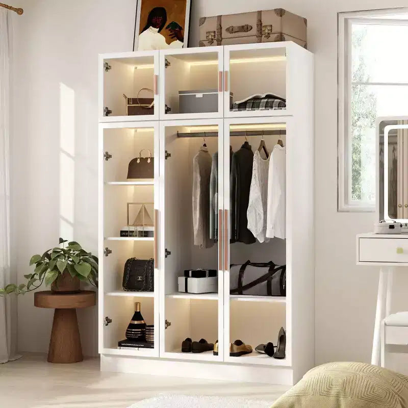 Famapy Armoire With LED Light and Glass Doors Wardrobe Cabinet