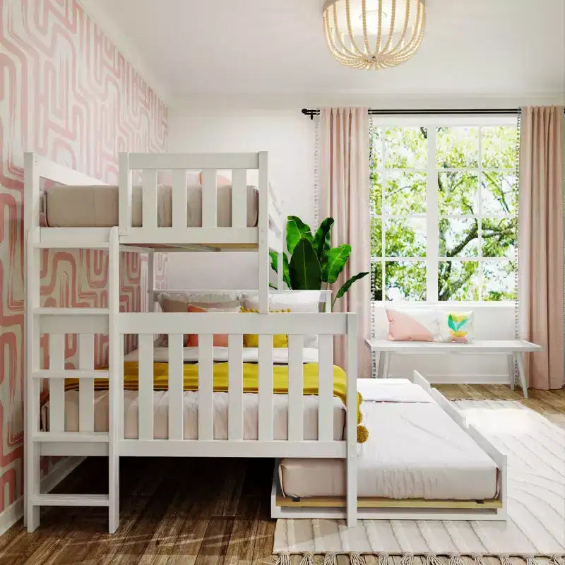 Max & Lily Bunk Bed with Ladder on End and Trundle, Twin-Over-Full Bed Frame for Kids