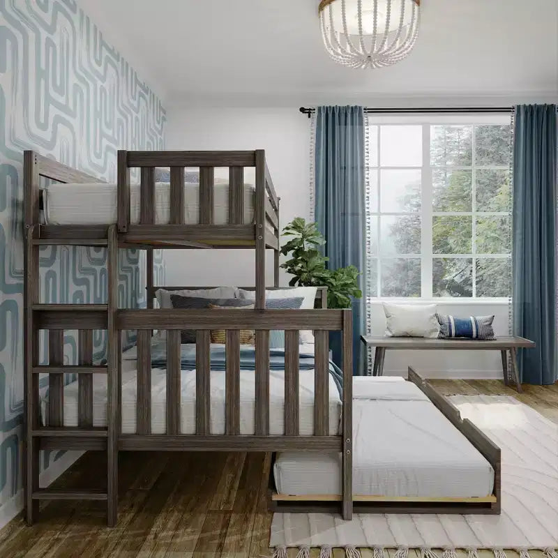 Max & Lily Bunk Bed with Ladder on End and Trundle, Twin-Over-Full Bed Frame for Kids