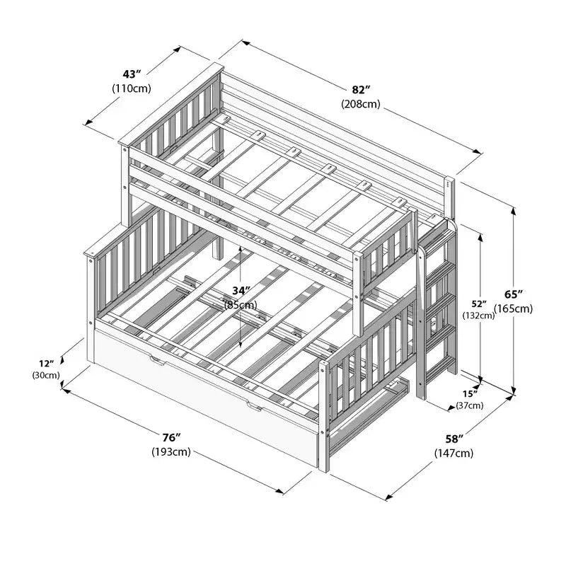 Max & Lily Bunk Bed with Ladder on End and Trundle, Twin-Over-Full Bed Frame for Kids