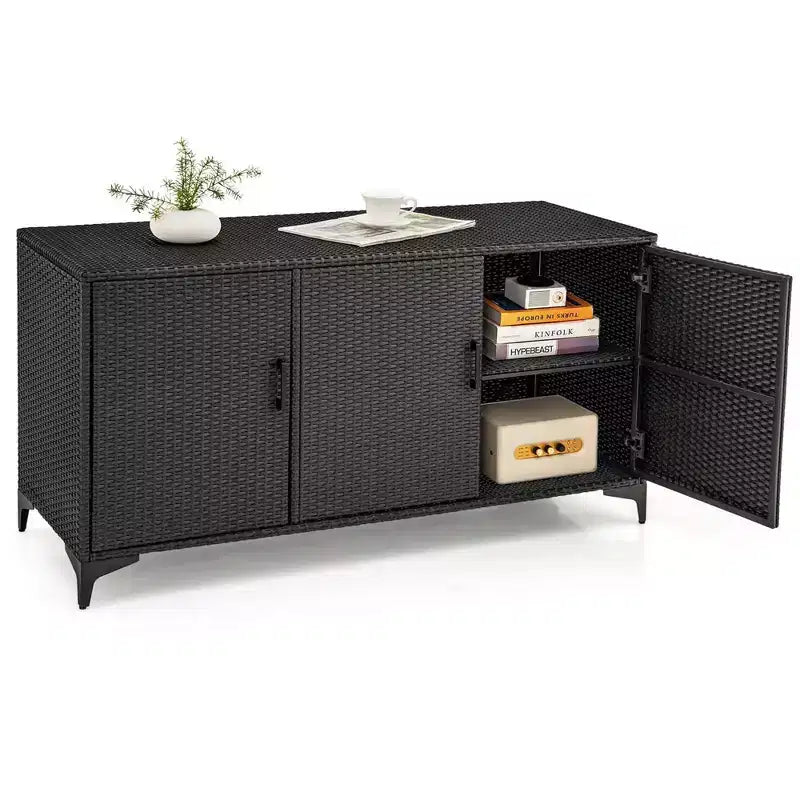 Costway 84 Gallon 3-Door Patio Wicker Storage Cabinet Deck Box with Removable Shelves Black/Mix Brown