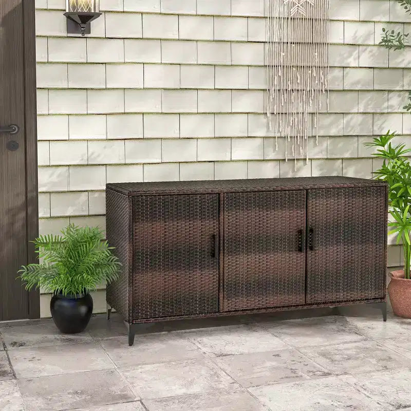 Costway 84 Gallon 3-Door Patio Wicker Storage Cabinet Deck Box with Removable Shelves Black/Mix Brown