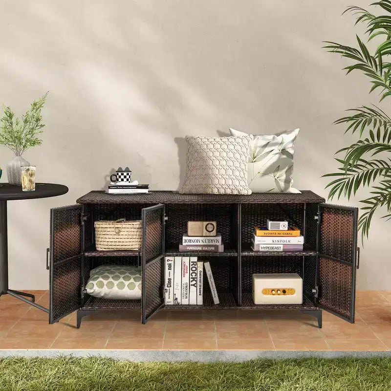 Costway 84 Gallon 3-Door Patio Wicker Storage Cabinet Deck Box with Removable Shelves Black/Mix Brown