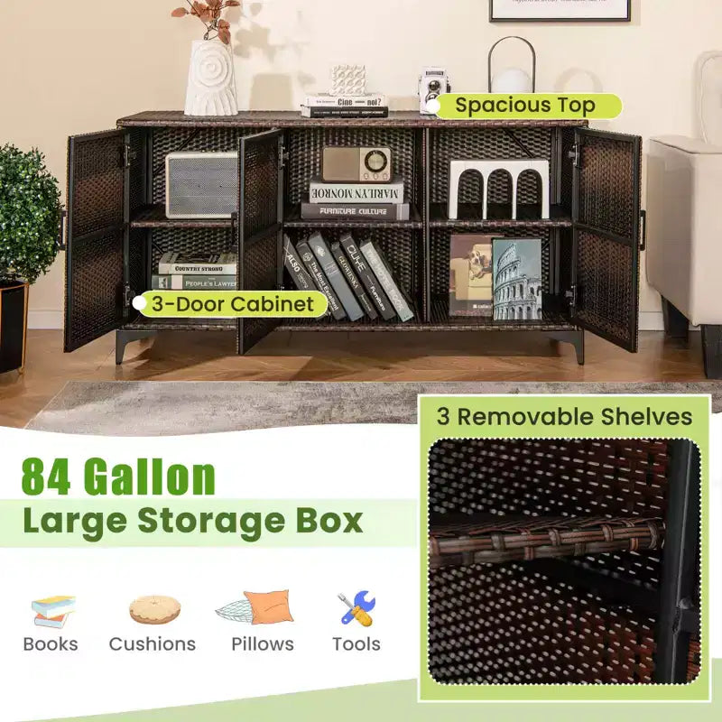 Costway 84 Gallon 3-Door Patio Wicker Storage Cabinet Deck Box with Removable Shelves Black/Mix Brown