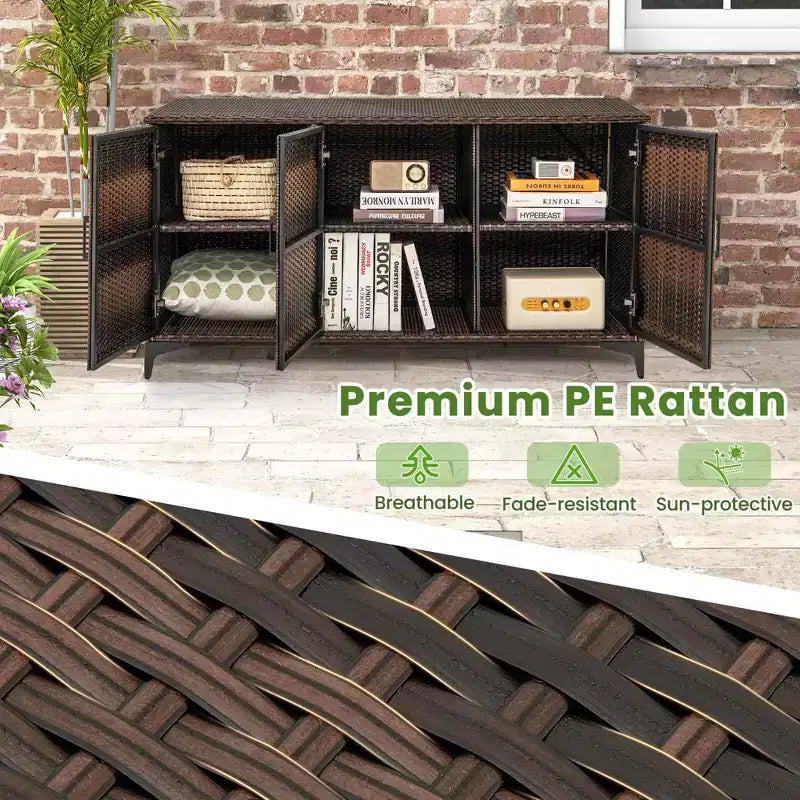 Costway 84 Gallon 3-Door Patio Wicker Storage Cabinet Deck Box with Removable Shelves Black/Mix Brown