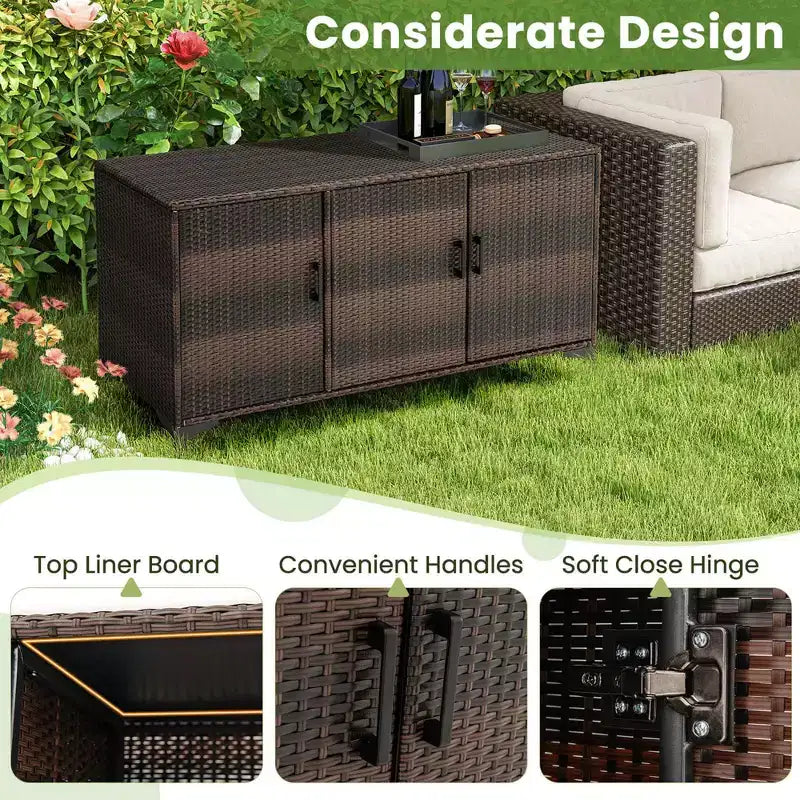 Costway 84 Gallon 3-Door Patio Wicker Storage Cabinet Deck Box with Removable Shelves Black/Mix Brown