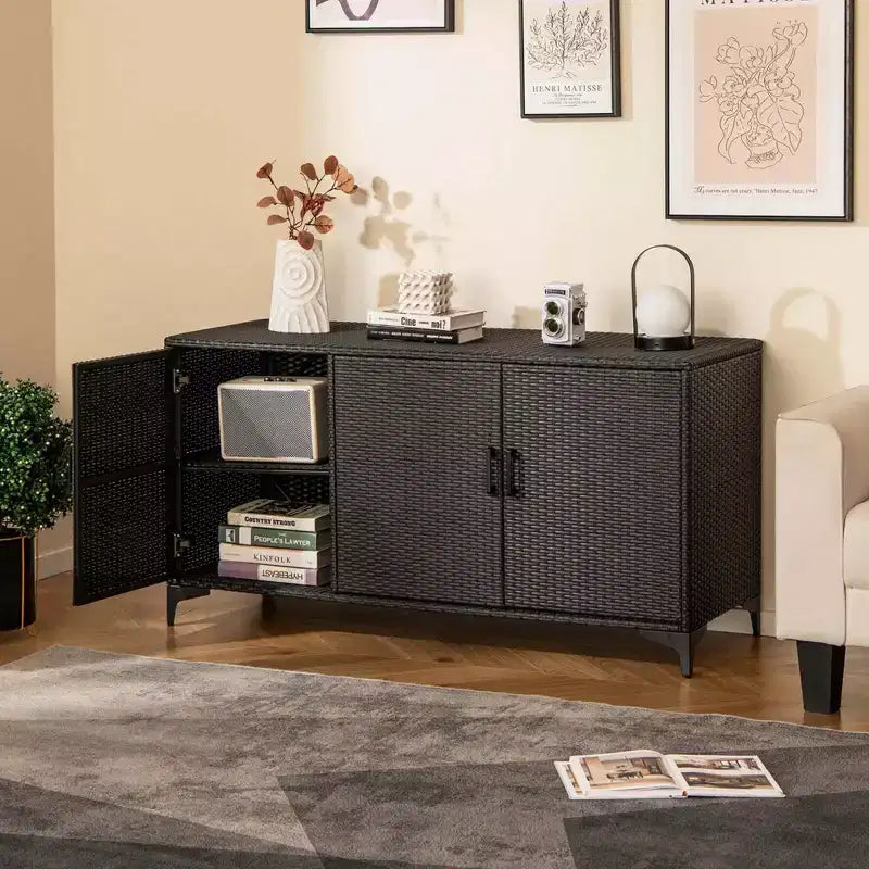 Costway 84 Gallon 3-Door Patio Wicker Storage Cabinet Deck Box with Removable Shelves Black/Mix Brown