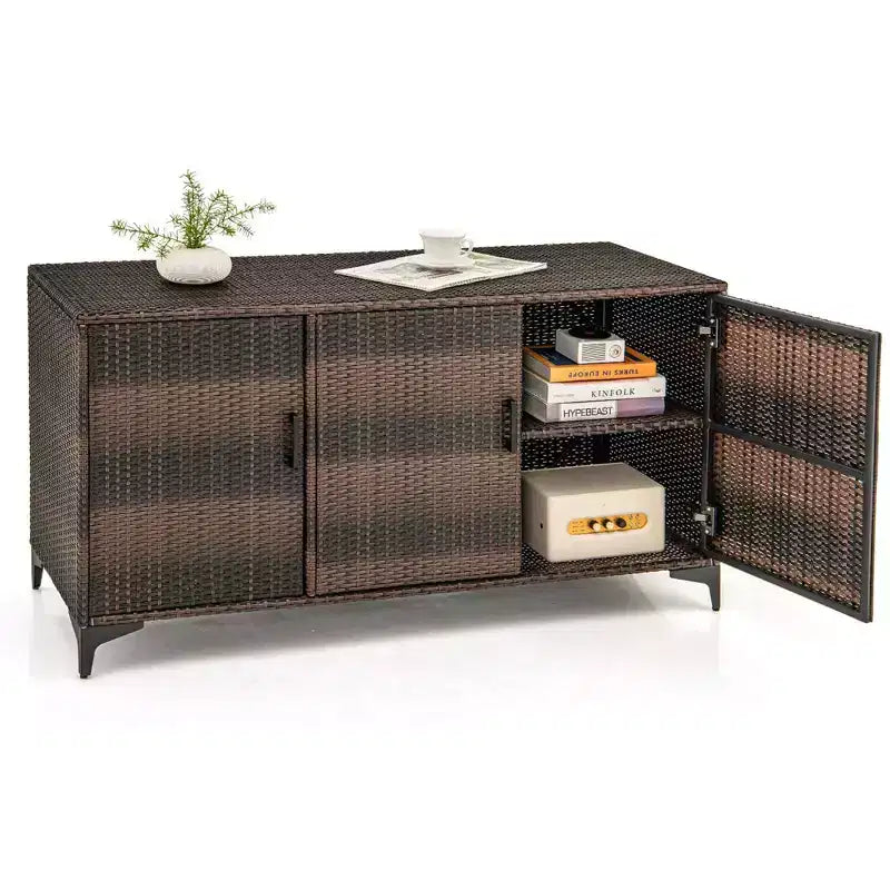 Costway 84 Gallon 3-Door Patio Wicker Storage Cabinet Deck Box with Removable Shelves Black/Mix Brown