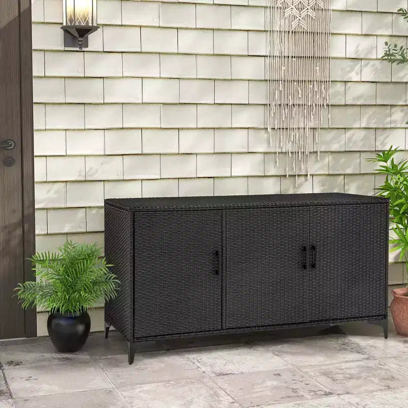 Costway 84 Gallon 3-Door Patio Wicker Storage Cabinet Deck Box with Removable Shelves Black/Mix Brown