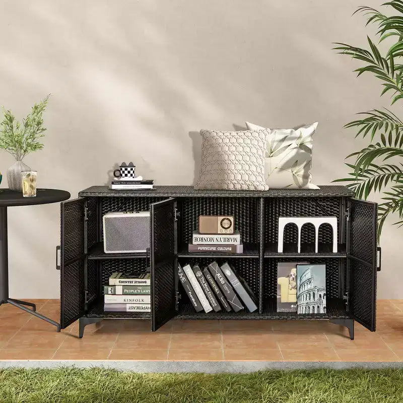 Costway 84 Gallon 3-Door Patio Wicker Storage Cabinet Deck Box with Removable Shelves Black/Mix Brown