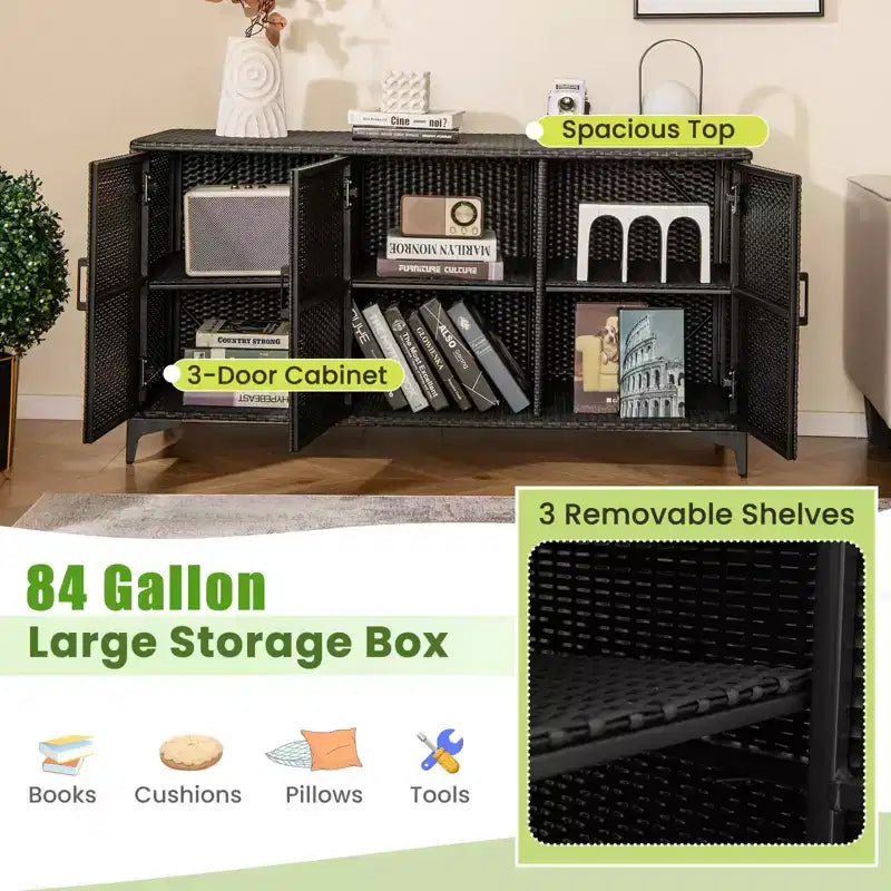 Costway 84 Gallon 3-Door Patio Wicker Storage Cabinet Deck Box with Removable Shelves Black/Mix Brown