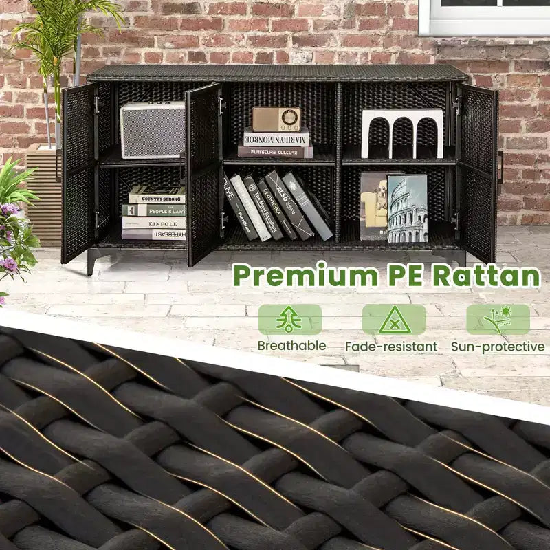 Costway 84 Gallon 3-Door Patio Wicker Storage Cabinet Deck Box with Removable Shelves Black/Mix Brown