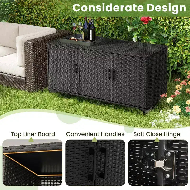 Costway 84 Gallon 3-Door Patio Wicker Storage Cabinet Deck Box with Removable Shelves Black/Mix Brown